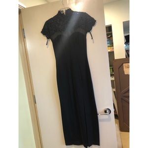 Cache lace and mesh top tea length dress